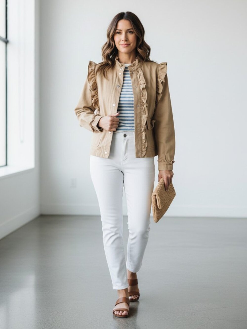 Veveret NWT Ruffle Cargo Jacket Khaki Utility Snap Front Pockets Medium